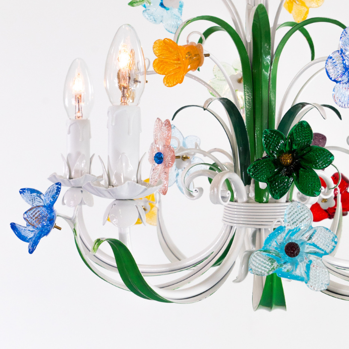 floral chandelier of murano glass with wrought iron frame painted white and green