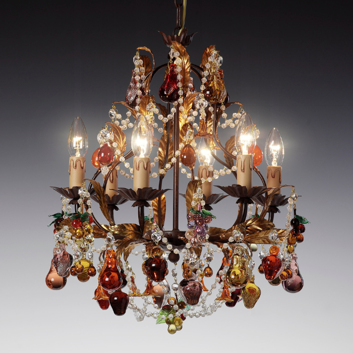 Amber Orchard Glass Chandelier with Handcrafted Murano Glass Fruits on Gold Frame