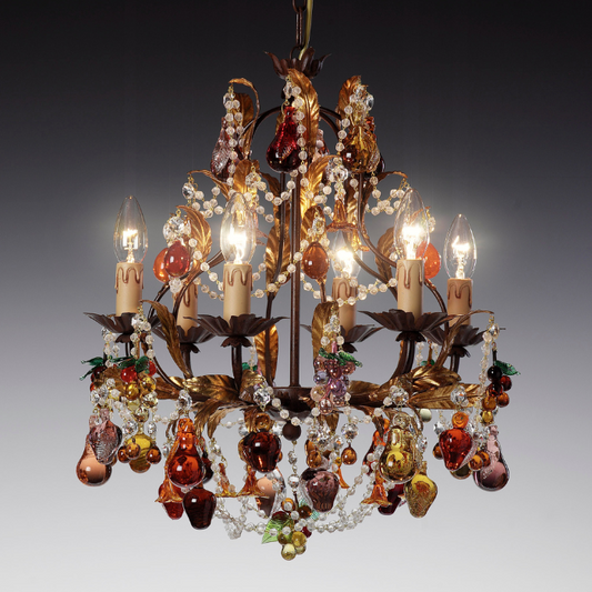 Amber Orchard Glass Chandelier with Handcrafted Murano Glass Fruits on Gold Frame