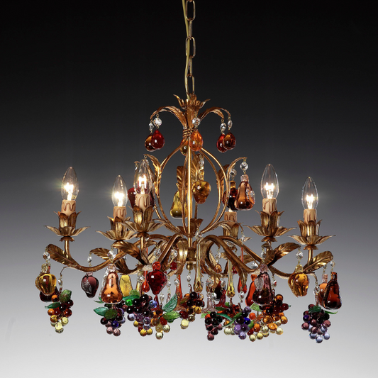 Venetian Vineyard Chandelier with Handcrafted Glass Grapes on Gold Frame