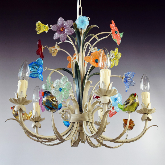 Birdsong Blossom Chandelier with Handcrafted Murano Glass Flowers and Birds