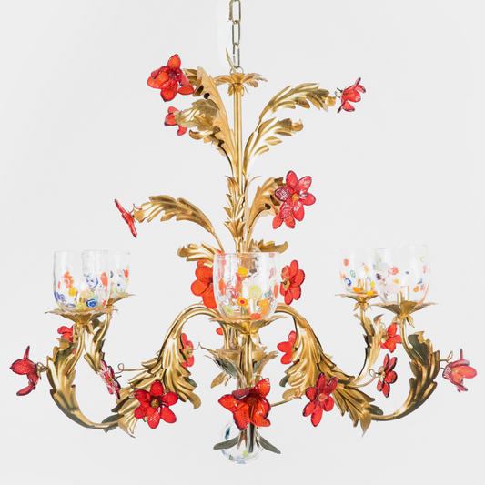 Blossom and Murrina Glass Chandelier (Ruby) - Gold Frame